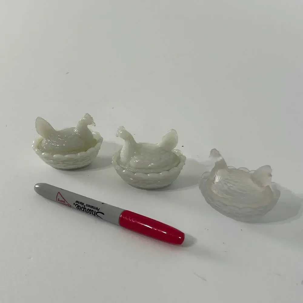 Vallerysthal Mini Hen on Nest Lot 3 Covered Salt Cellars Opaline Milk Glass
